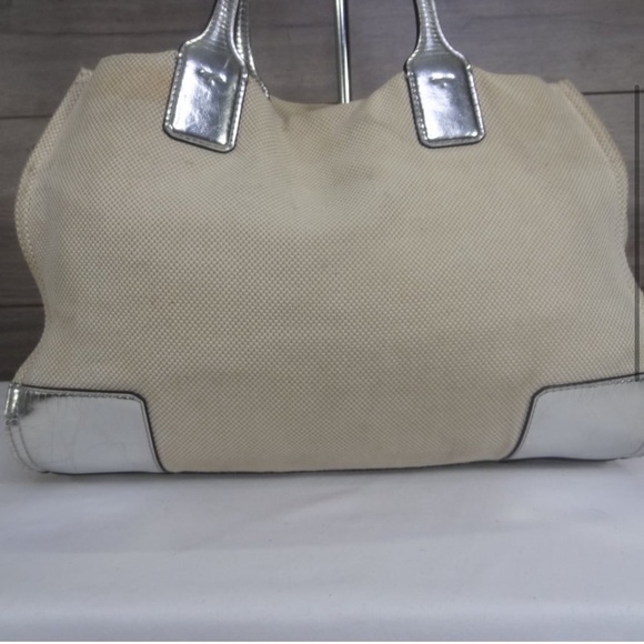 Tory Burch Small Ella Natural Canvas Silver Leather Trim Tote Bag Purse - Picture 7 of 8